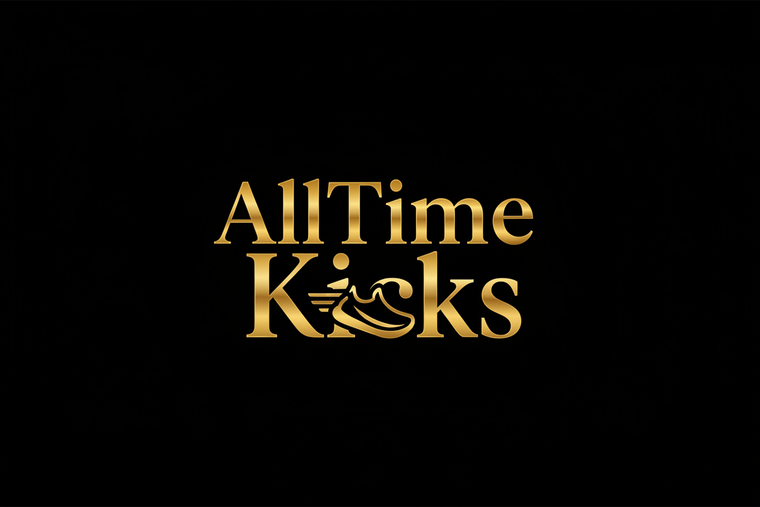 Make a classic golden sneakers brand logo on a black background. Brand name: AllTimeKicks 